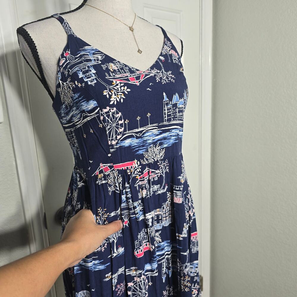 Old Navy Blue Scenic Print Midi Dress Sz S Strapy sleeves Tropical Resortwear - Picture 4 of 8